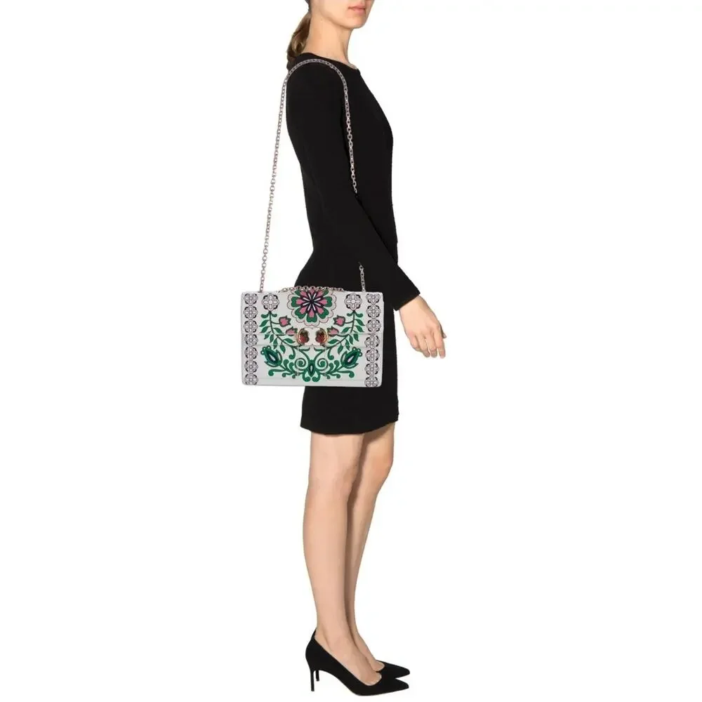 $625 Tory Burch White Garden Party Gemini Link Tri-Fold Leather Shoulder Bag